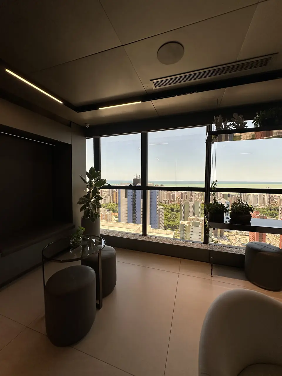Canto da clínica com janela ampla, a cidade e o mar ao fundo, plantas suspensas e pufes.